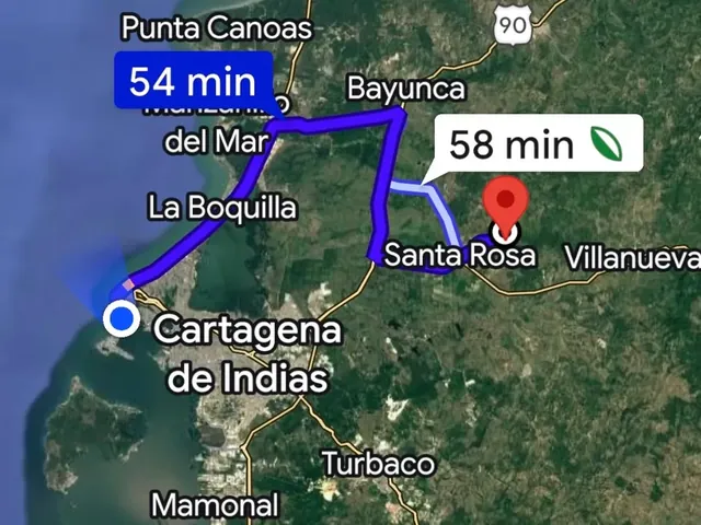 Mapa do trajeto por estrada entre Bocagrande, em Cartagena das Índias, e El Rancho I, em Santa Rosa de Lima